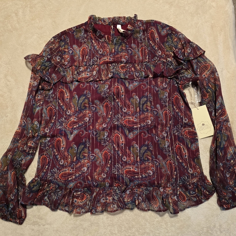 NWT Moon Orchid Long Sleeve Paisley Top